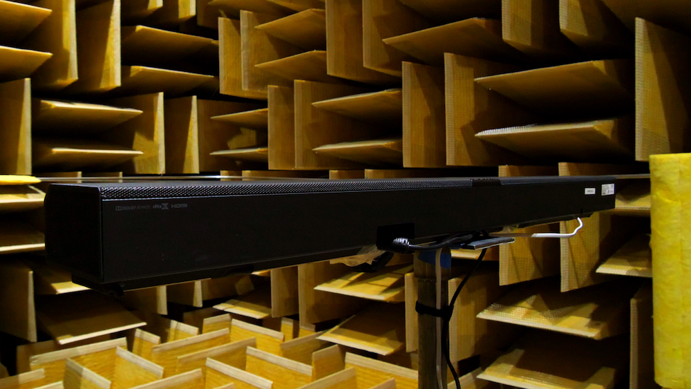 Free field A photograph of a soundbar prototype tested in an anechoic chamber.